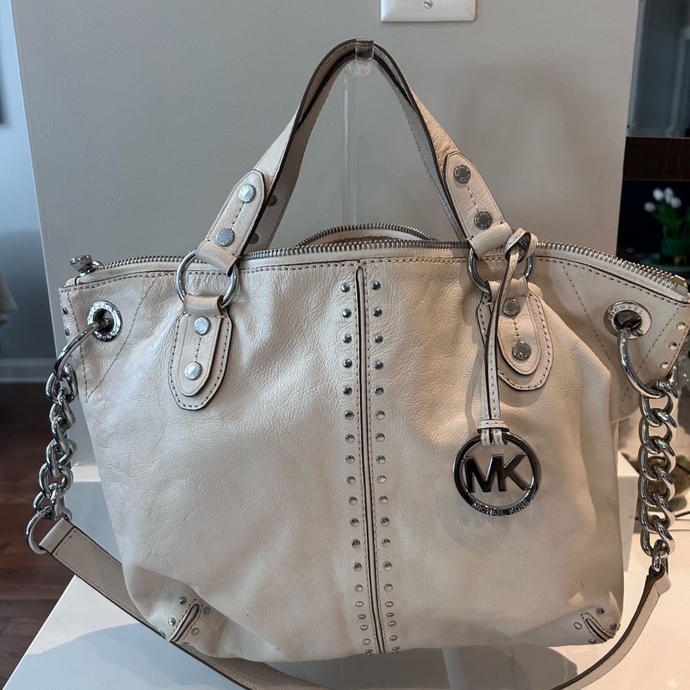 Michael Kors Cream Tote with Rolled Handles and Silver Accents
